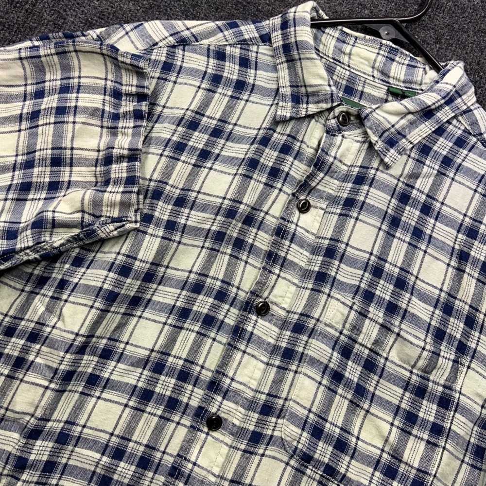 Orvis Mens Medium Blue Cream Plaid Linen Tencel Short Sleeve Button Down Shirt